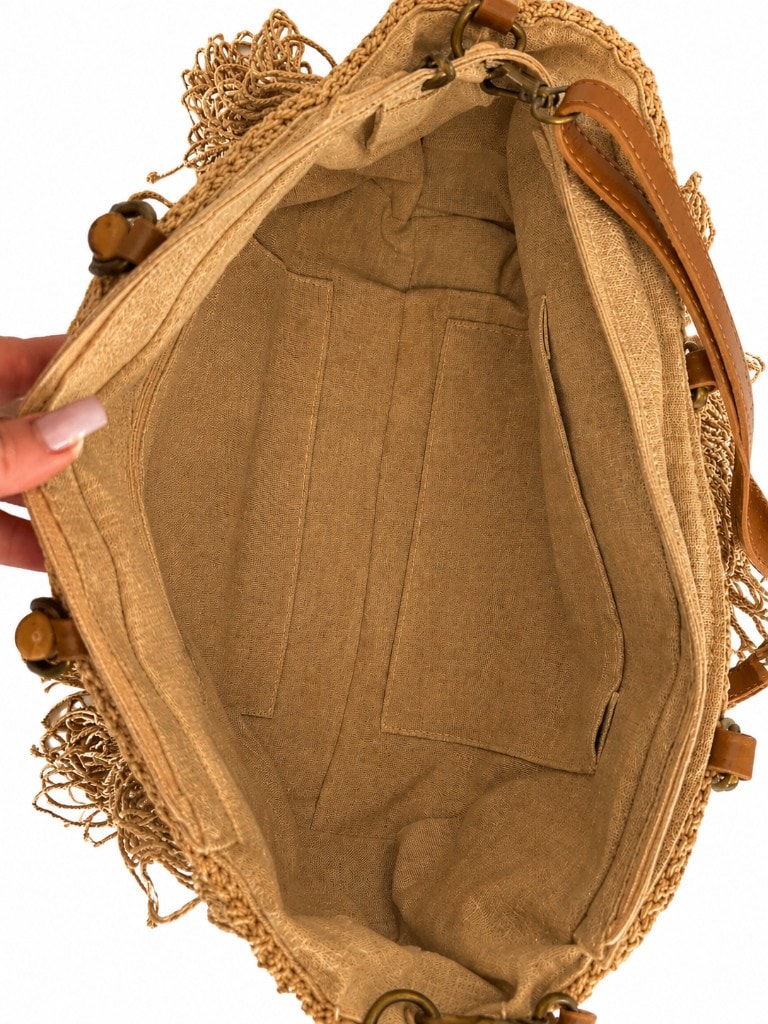 Premium Fringe Beach Tote Bag Natural Beige — внутри