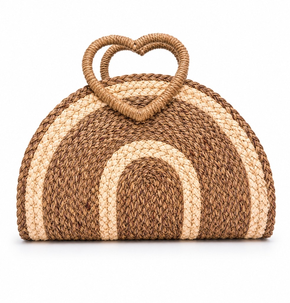 Premium Heart Handle Straw Bag Natural Brown — вид спереди