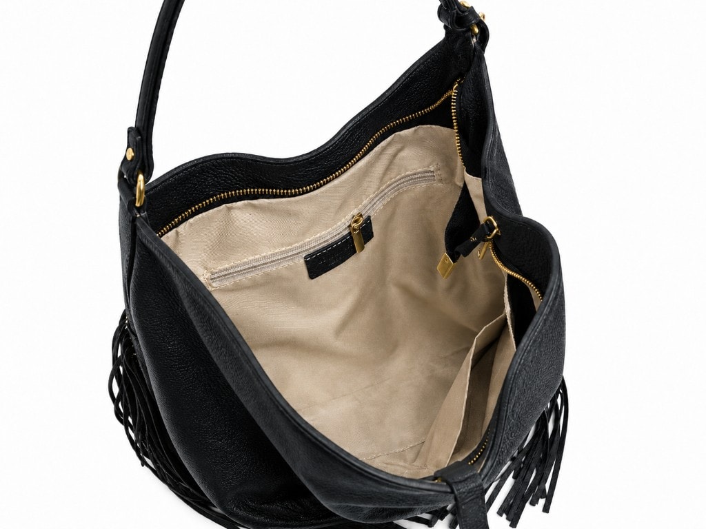 Premium Leather Fringe Hobo Bag Black — внутри