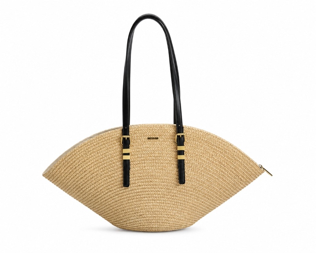 Premium Woven Beach Tote Bag Natural / Black — под углом