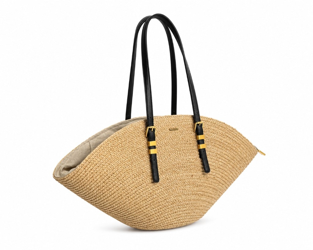Premium Woven Beach Tote Bag Natural / Black — вид спереди