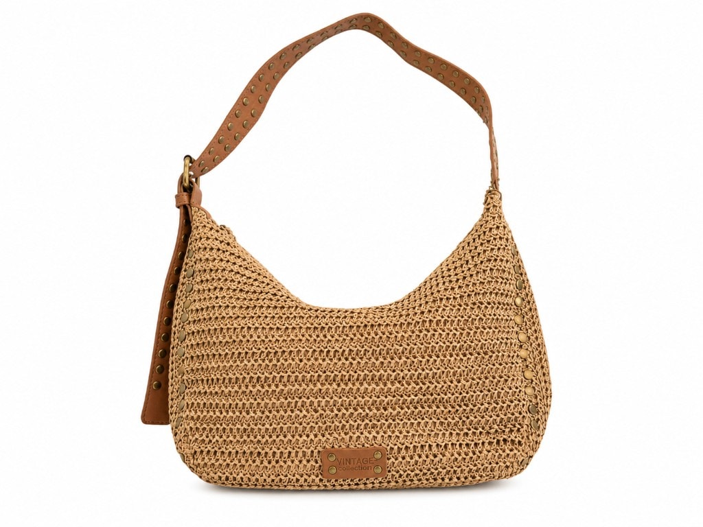 Premium Woven Hobo Bag Natural Beige — вид спереди