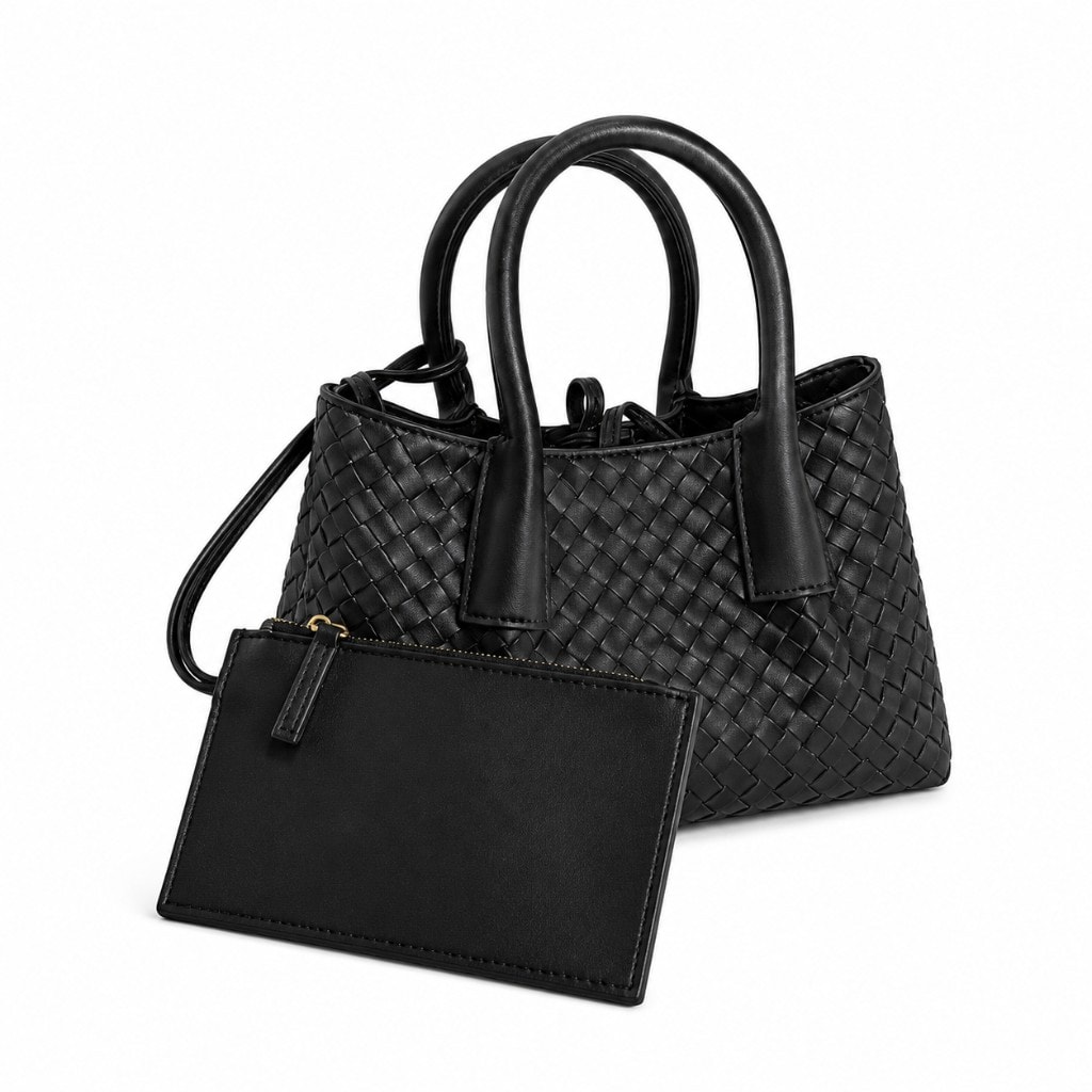 Premium Woven Leather Tote Bag Black — вид спереди