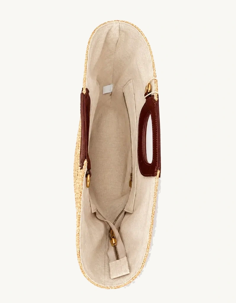 Premium Fan Straw Handbag Natural / Cognac — interior